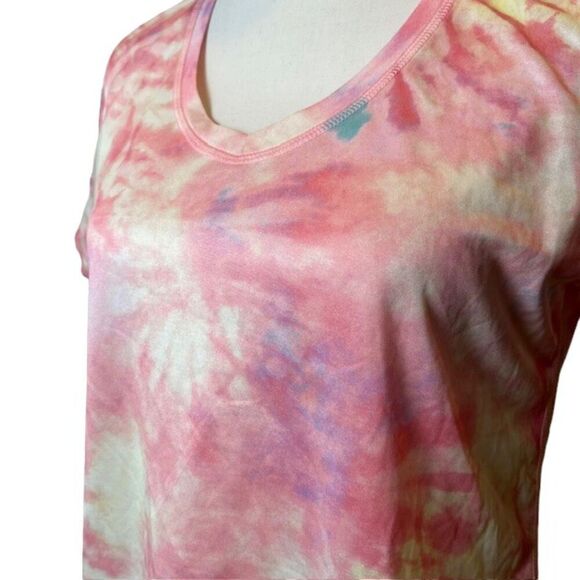 ZELOS Women's Athletic Top Pink Yellow Mint watercolor V-neck Size Medium - Picture 2 of 10